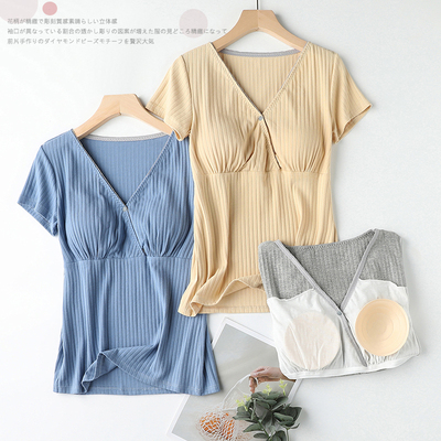 纯棉哺乳上衣短袖孕妇产后喂奶衣