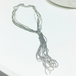 欧美夸张网红同款潮人银色折叠长款流苏多层次项链锁骨链颈链饰品