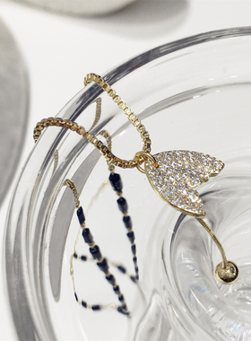 韩版时尚高级感精致黑色防水剂镶钻鱼尾巴流苏项链锁骨链颈链饰品