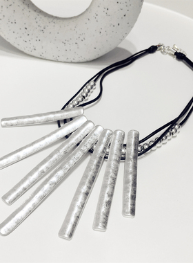 欧美夸张名族风做旧长条长方形多层次黑绳串珠圆珠子项链锁骨链颈