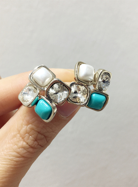 新中式复古名族风高级感奢华手工水钻锆石仿珍珠蓝色菱形耳钉耳坠