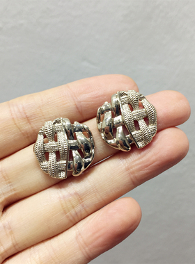 极简风简约气质百搭高级感拼接金属素款编织格纹圆形几何耳钉耳坠