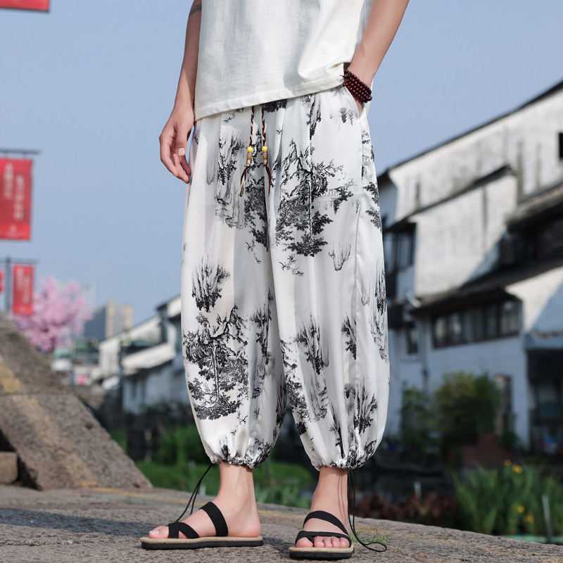 风夏新中式水墨画大码冰丝裤运动裤哈伦裤阔腿裤男M167P45,女装休闲裤,钱塘788(原4013)