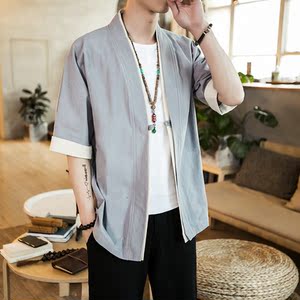 风新中式T恤五分袖男唐装盘扣开衫道袍休闲宽松夹克 M125 P30图片