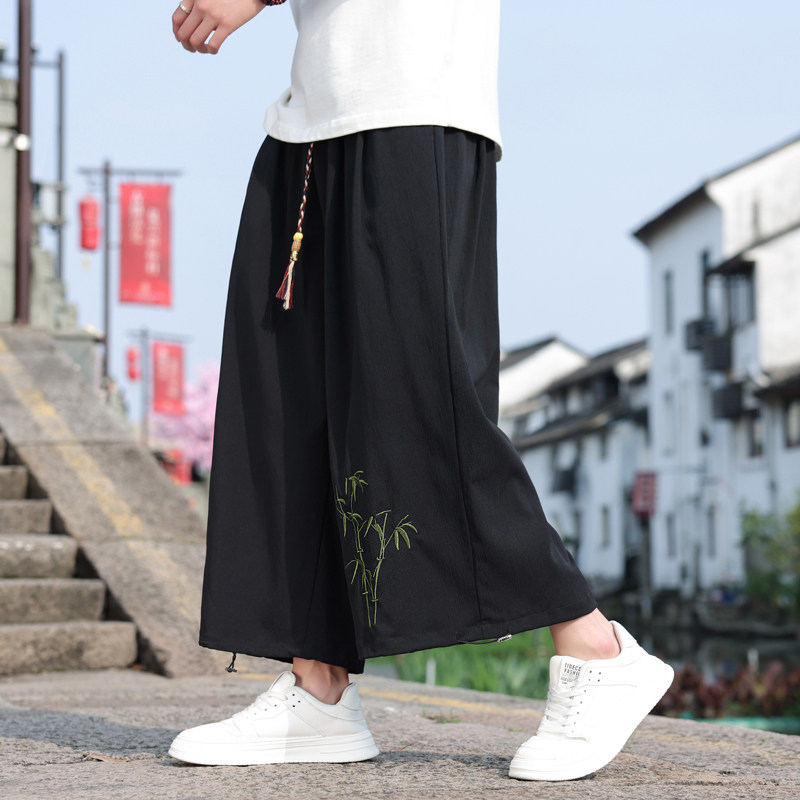 夏季薄竹子刺绣阔腿裤男冰丝大码宽松九分哈伦裤风 M163 P45图片