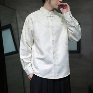 秋新中式风提花复古立领休闲盘扣长袖衬衫男女衬衣 C522 P58图片