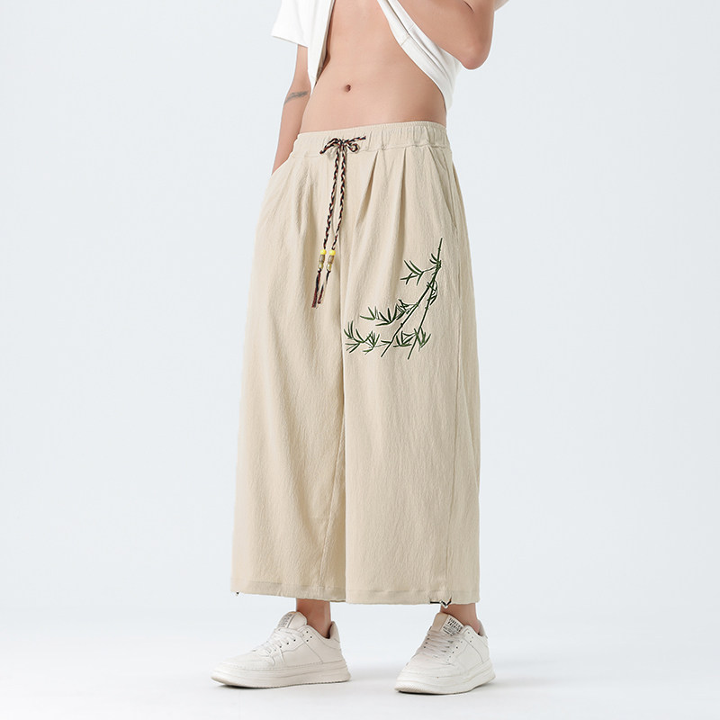 新中式风竹叶刺绣休闲哈伦裤阔腿裤直筒九分裤男夏M162P45,男装休闲裤,钱塘788(原4013)