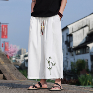 夏季薄竹子刺绣阔腿裤男冰丝大码宽松九分哈伦裤风 M163 P45图片