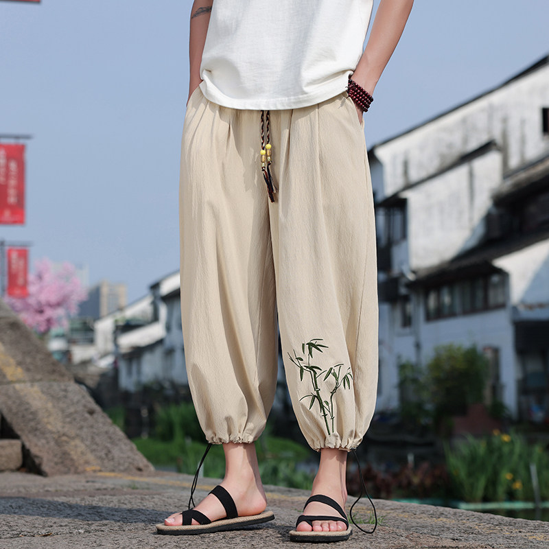 夏季竹叶刺绣阔腿裤男冰丝灯笼裤宽松九分哈伦裤风 M163 P45图片