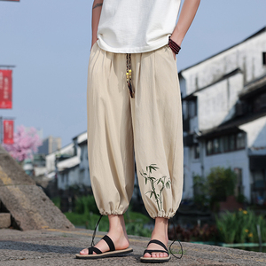 夏季竹叶刺绣阔腿裤男冰丝灯笼裤宽松九分哈伦裤风 M163 P45图片