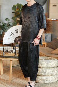 新中式风 夏季套装冰丝短袖T恤休闲裤汉服运动套装 A823 P75图片