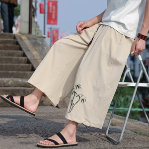 夏季薄文竹刺绣阔腿裤男汉服大码宽松九分哈伦裤风 M163 P45图片