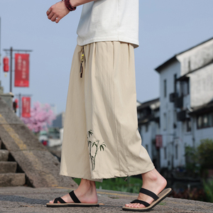 夏季薄竹子刺绣阔腿裤男冰丝大码宽松九分哈伦裤风 M163 P45图片