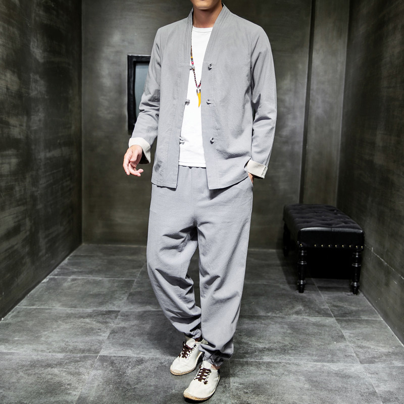 新中式风男装盘扣外套秋居士服茶服汉服唐装套装男A821P110,男装休闲套装,钱塘788(原4013)