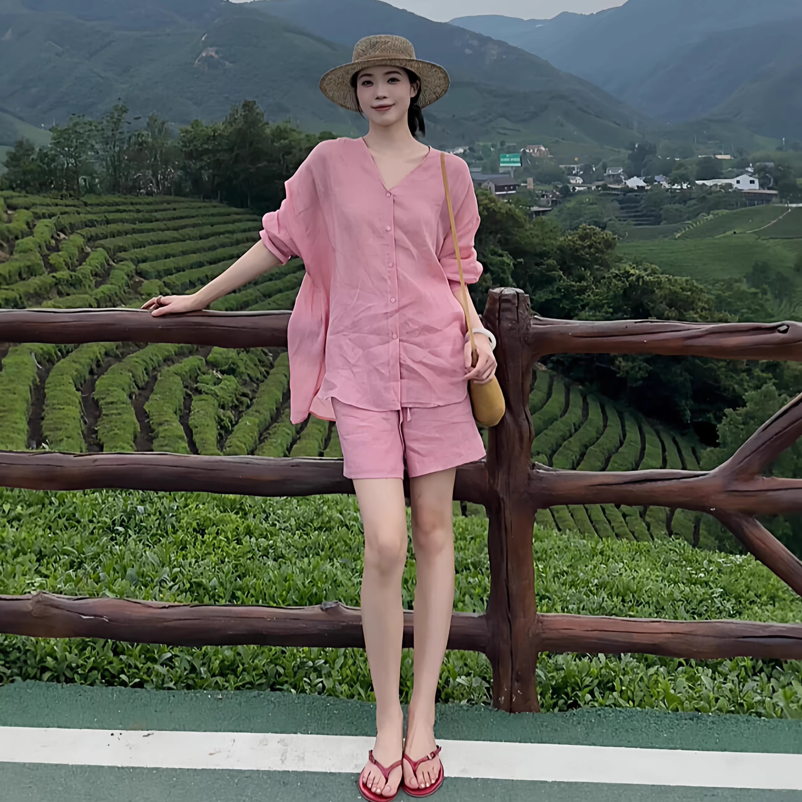 夏日松弛感衬衫套装女轻薄舒适V领长袖防晒衣短裤休闲两件套