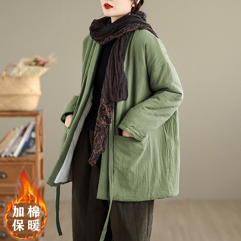 新中式夹棉加厚棉衣冬季新款原创棉麻复古改良禅意棉服中长款棉袄