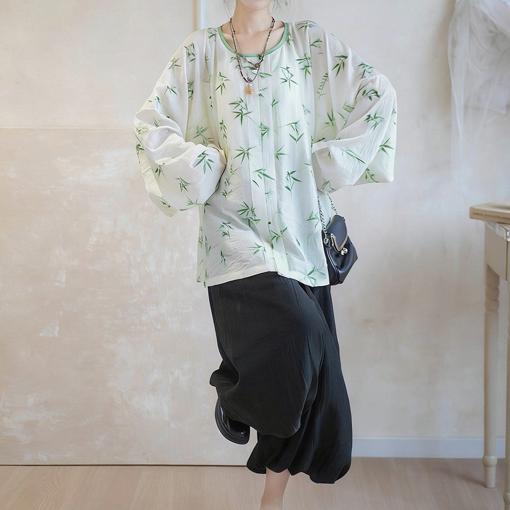 2026夏季防晒水墨叶子汉服大码天丝苎麻日常明制圆领女袖短衫透气