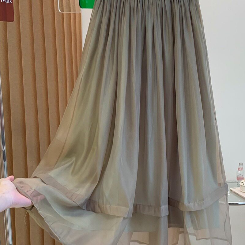 卡其色欧根纱裙半身裙女士春秋2026新款轻奢高级感半裙长款a字裙