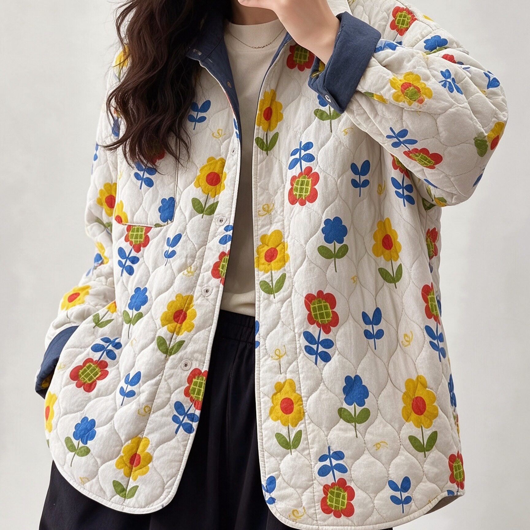 实拍冬季女装新款韩版彩色小花夹棉保暖长袖棉衣棉服外套女两面穿