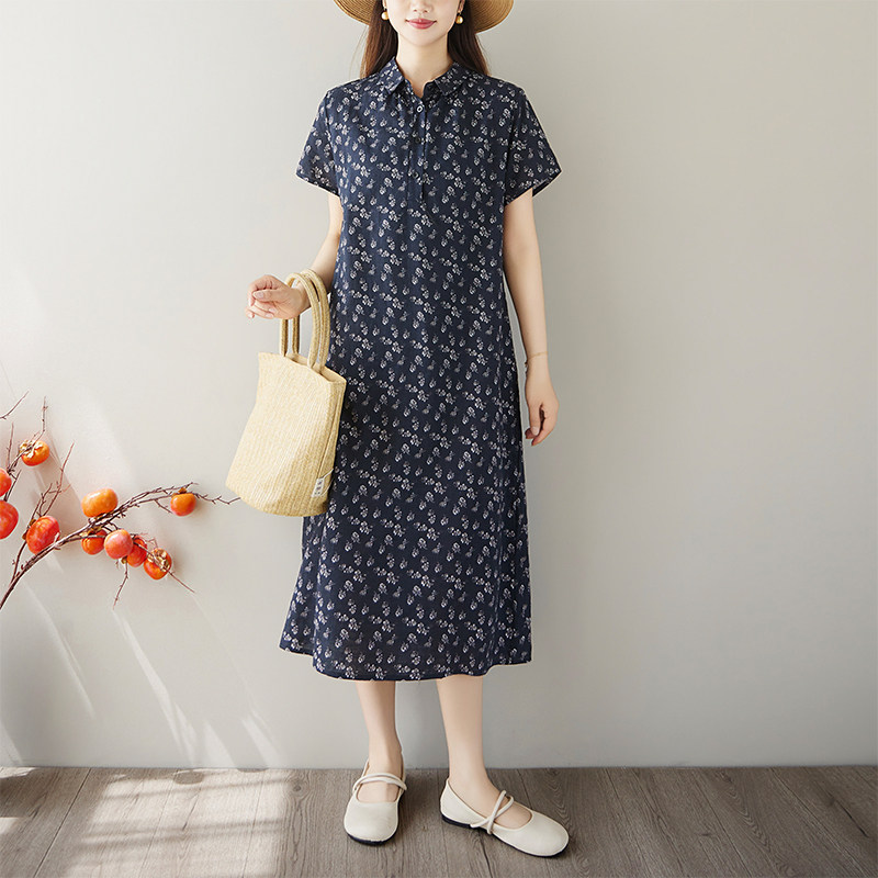 休闲亚麻碎花连衣裙女2026夏季新款气质长裙欧洲站棉麻大码女装
