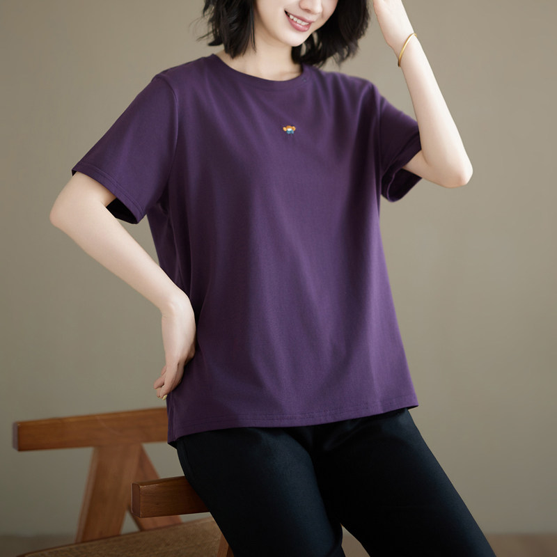 实拍夏装刺绣全棉绣花T恤女夏季柔软轻盈文艺圆领短袖上衣开衩