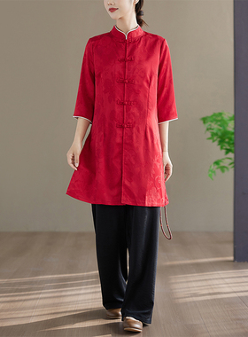 实拍新中式喜庆提花棉麻红色中长上衣黑色裤子两件套喜婆套装女