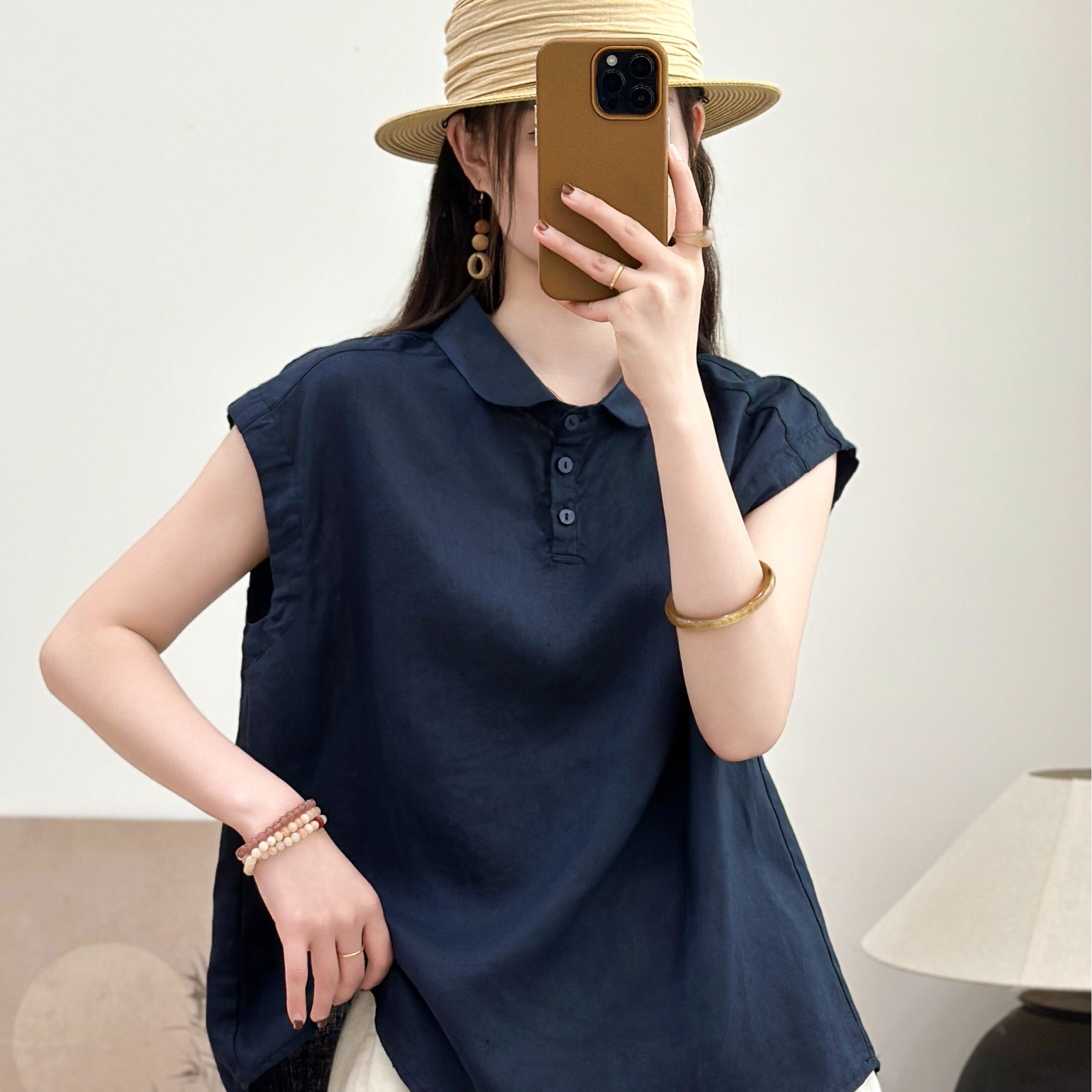 实拍简约纯色亚麻翻领无袖T恤女2026夏季新款纽扣休闲百搭上衣