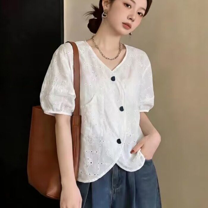 白色镂空正肩短袖衬衫女2026新款夏季大码微胖mm显瘦短款小衫上衣