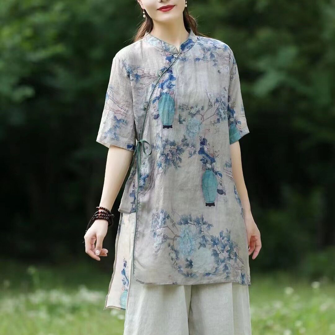棉麻套装女2026文艺复古斜襟印花苎麻中长款上衣宽松阔腿裤两件套