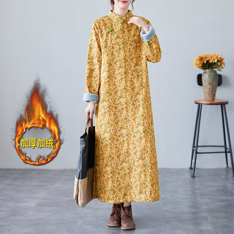 2025实拍冬季新款复古文艺盘扣加绒加厚改良旗袍大码长袖连衣裙