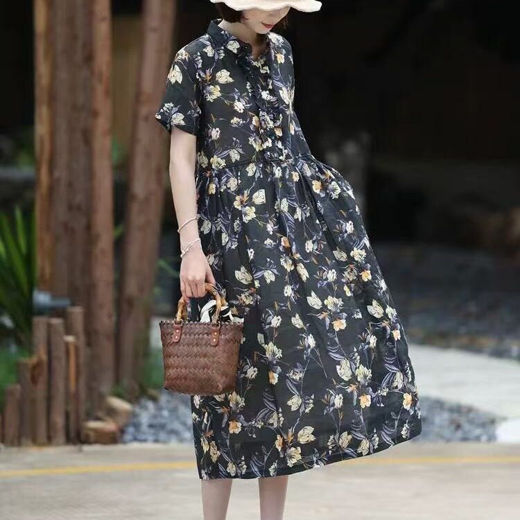 2026春夏季新款文艺苎麻印花轻奢高端黑色裙子
