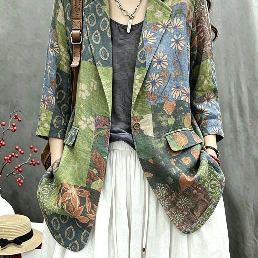 棉麻女装2026夏季新款苎麻印花复古宽松个性洋气休闲百搭长袖西服