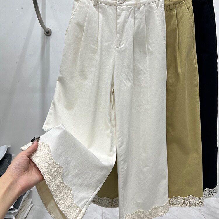 设计感蕾丝花边拼接下摆阔腿裤女2026早春新款休闲宽松直筒裤子潮