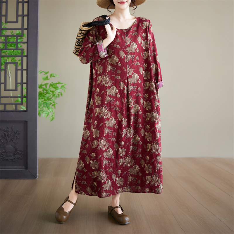 实拍 新款印花长袖连衣裙圆领大码女装外单长款连衣裙