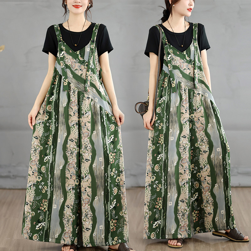 实拍宽松休闲V领背带裤女2026夏季复古显瘦气质宽松阔腿连体裤