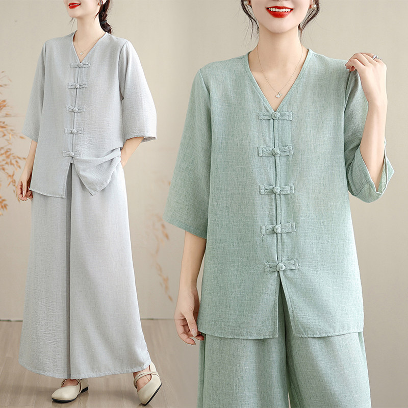 时尚棉麻瑜伽服套装2026春季新款茶服禅服上衣阔腿裤两件套女