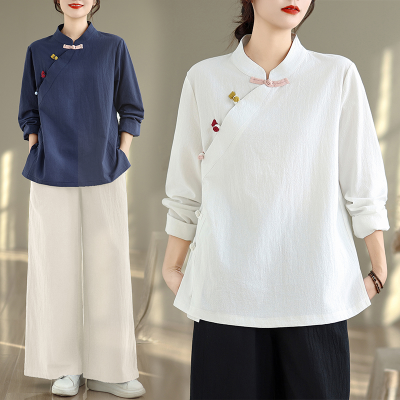 新中式复古新款棉麻衬衫斜襟长袖糖果色盘扣唐装上衣女套装