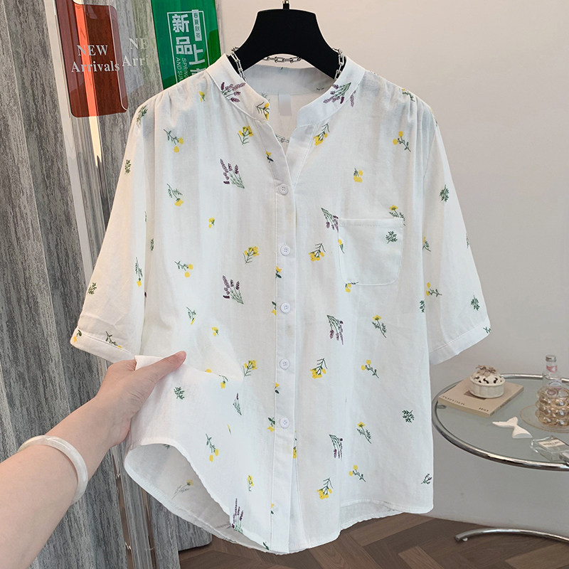 实拍文艺夏季双层棉纱碎花衬衫减龄大码中袖时尚减龄休闲上衣女装