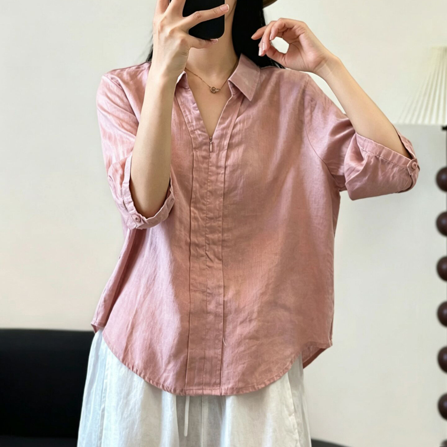 实拍夏季简约慵懒风V领棉麻衬衫女半开领拉链气质百搭显瘦上衣