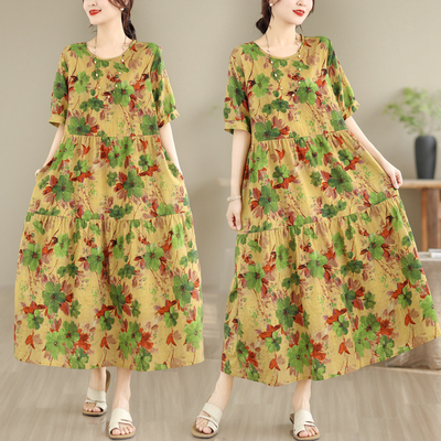 实拍复古文艺棉麻连衣裙宽松印花26年夏季新款短袖长款大摆打底裙