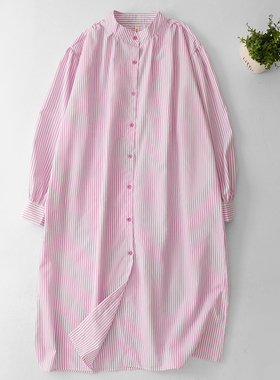 粉色条纹衬衫裙女春秋2026新款韩系宽松复古遮肉减龄百搭长裙