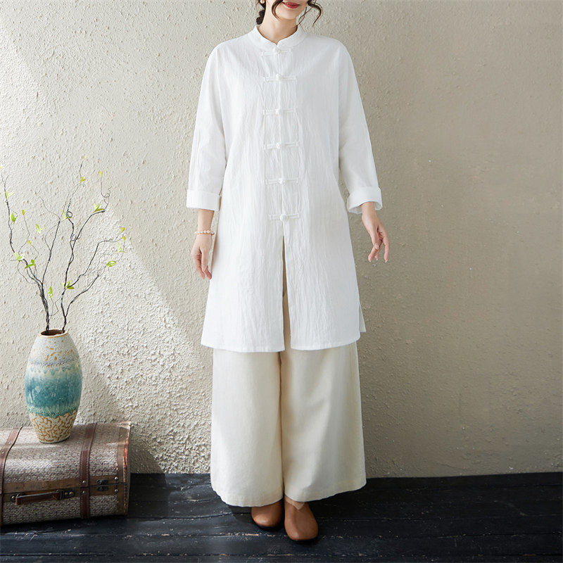 新中式棉麻禅意茶服女装道系上衣太极服中长衬衫国风工作服实拍