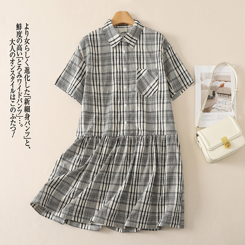 实拍 复古文艺感衬衫连衣裙夏季女短袖格纹宽松a字短款裙子