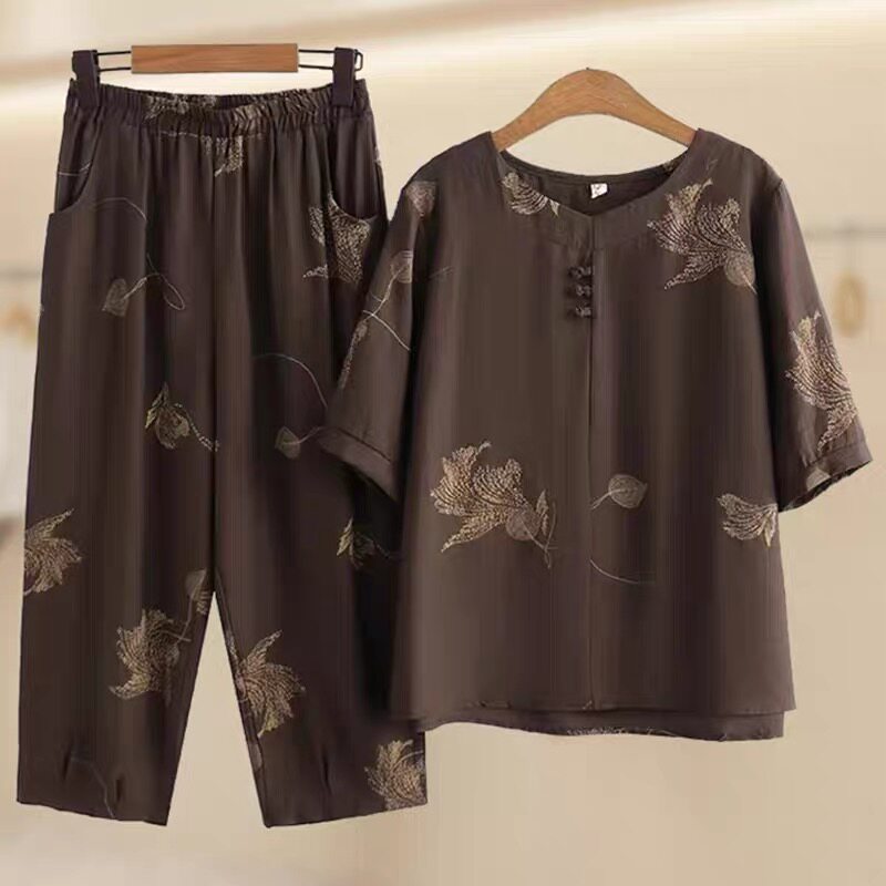 洋气女夏装棉麻透气妈妈套装短袖妈妈装中袖衣服大码套装