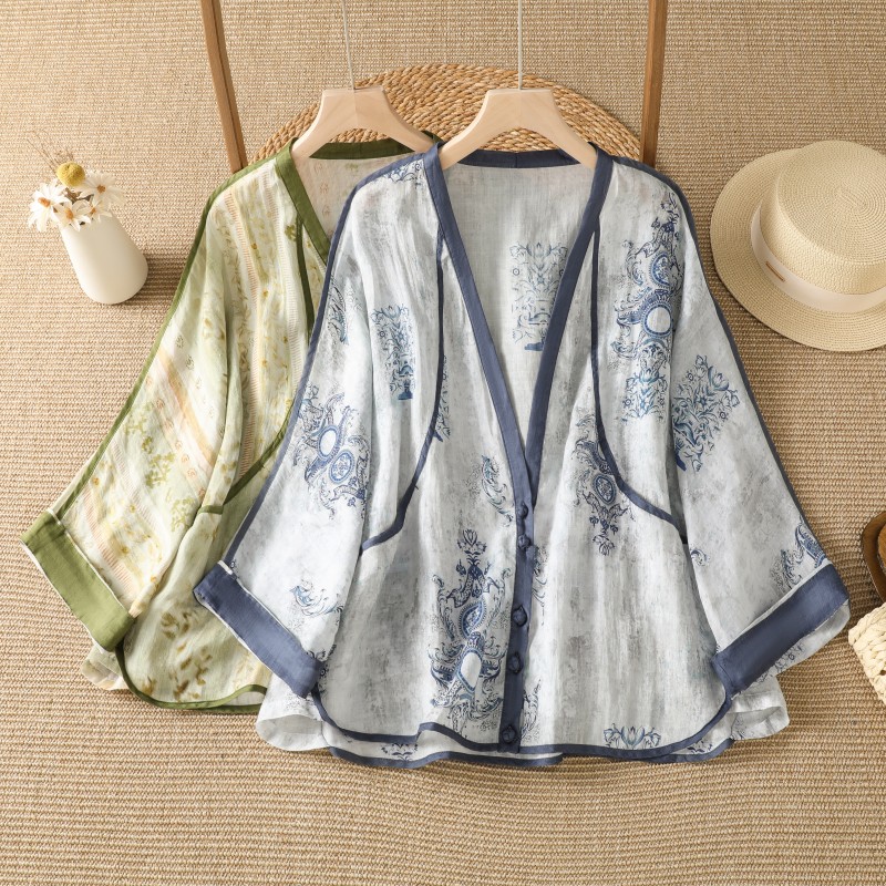 夏季薄款棉麻印花蝙蝠袖V领防晒服开衫外套空调衫