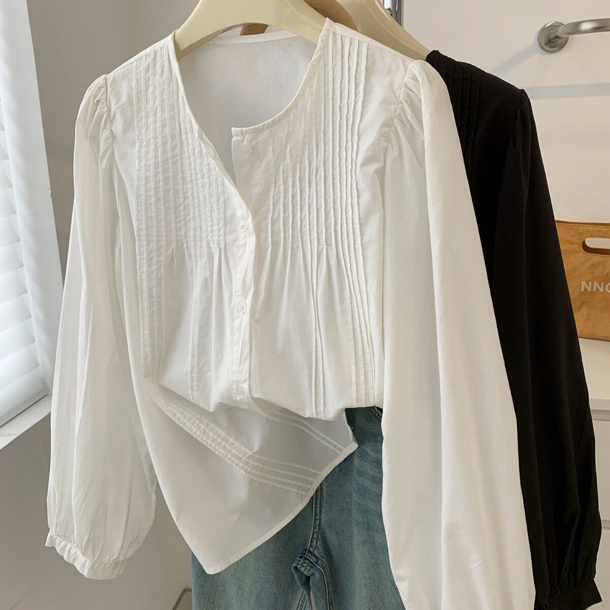 简约百搭白色圆领娃娃衫女春季新款宽松休闲纯棉衬衫外套长袖衬衣