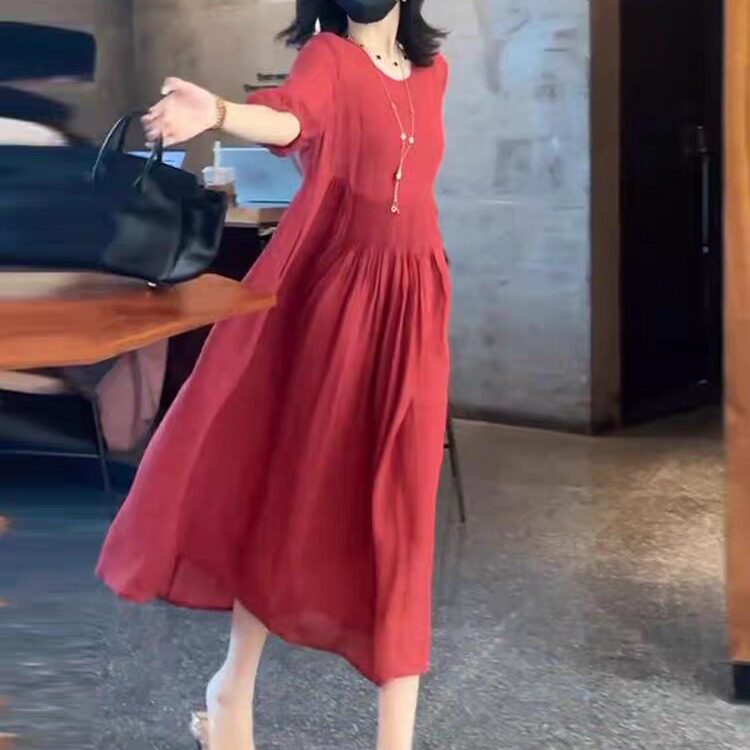 气质天丝棉连衣裙女夏季新款高端定制宽松减龄红色短袖显瘦长裙子