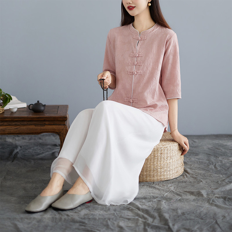 实拍棉麻茶服套装女2026夏季新款短袖亚麻上衣阔腿裤瑜伽服两件套