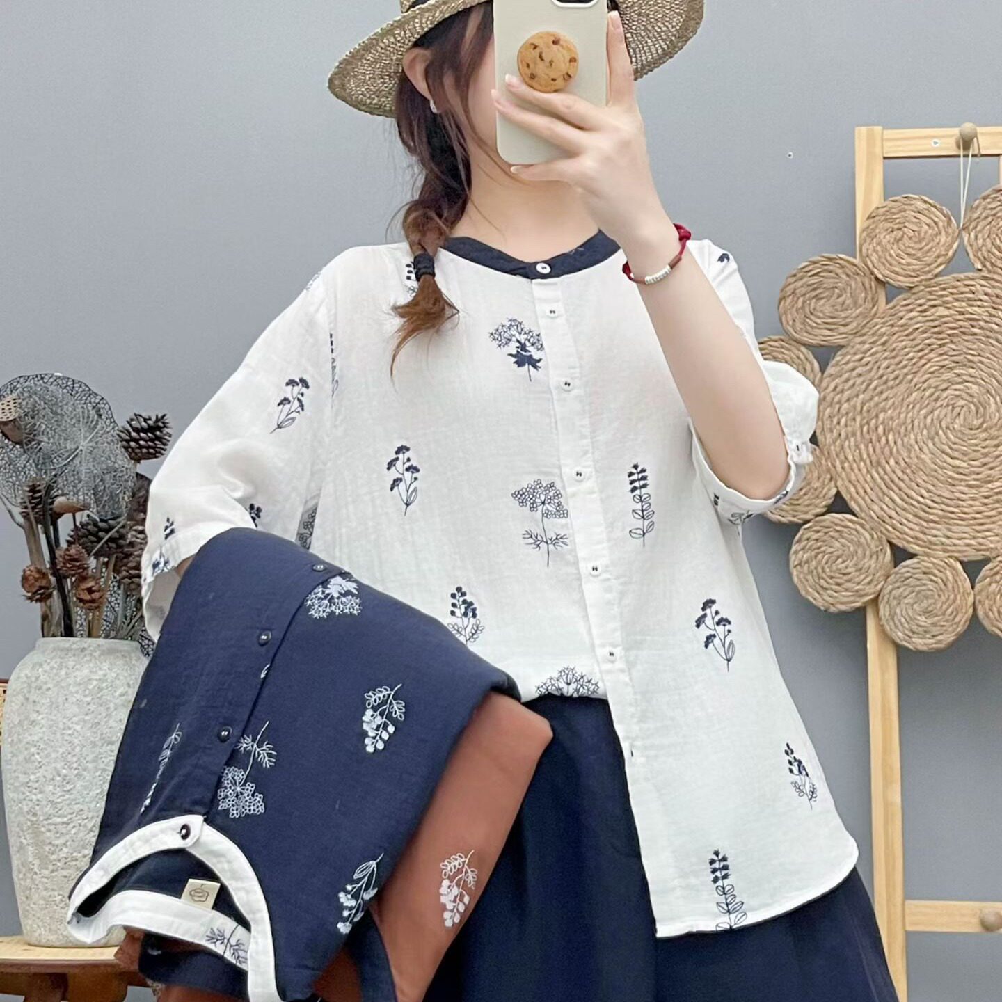 2026夏季森系V领碎花印花衬衫女款纯棉五分袖文艺小清新开衫上衣