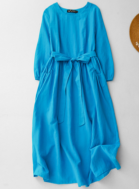 2026春秋新款文艺纯色棉麻连衣裙女装收腰显瘦圆领九分袖气质长裙